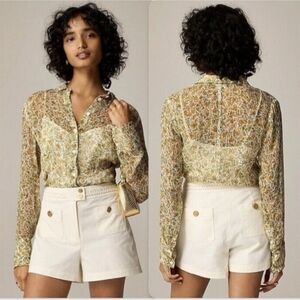 J Crew Top Womens 14 Floral Vines Crinkle Chiffon Long Sleeve Blouse w/ Cami NWT